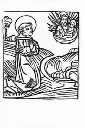 La vie de Saint Bernard de Menthon (923 - 1008). Gravure de « Leben der Heiligen - sommerteil » (Le livre des saints) par Jacobus (James) de Voragine (1228-1298). Lubeck 1488