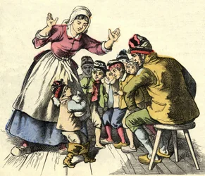 Le Petit Poucet et ses frères rentrent chez leurs parents. Illustration du conte « Le Petit Poucet » de Charles Perrault
