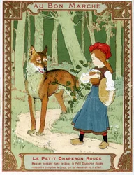 Le Petit Chaperon Rouge rencontre le loup - étiquette publicitaire du Bon Marché