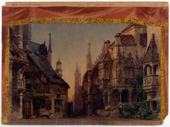 Les Maîtres Chanteurs de Nuremberg (Die Meistersinger von Nürnberg), WWV 96, opéra de Richard Wagner créé en 1868. Scénographie de Ferrario pour La Scala de Milan