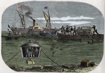 La cloche de plongée « Nautilus » du Dr Antoine Prosper Payerne expérimentée dans la Seine, Paris, puis perfectionnée aux États-Unis. Gravure (1858) dans Le « Monde illustré »