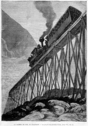 Le chemin de fer du Pacifique sur le pont en bois de Dale Creek - gravure, fin du 19ème siècle