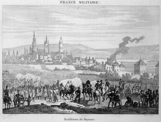 Les troupes prussiennes reprennent aux Français la ville de Mayence (ou Mainz) en Allemagne, juillet 1793. Gravure du 19e siècle