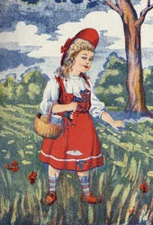 Le Petit Chaperon rouge cueille des fleurs. Illustration pour « Le Petit Chaperon rouge », conte de Charles Perrault (1628-1703), écrivain français. Illustration anonyme. Imagerie Marcel Vagne, Jarville Nancy, fin du XIXe siècle.