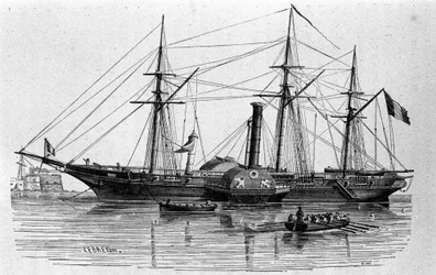 Le Sphinx, le premier bateau à vapeur de la marine française construit en 1830. Gravure du 19ème siècle.