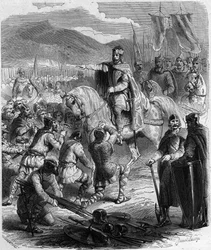 La Soumission des Saxons en 785 - Histoire de la Gaule au Moyen Âge : les Saxons de Germanie agenouillés devant le roi Charlemagne (742-814) vainqueur des guerres - gravure dans "Histoire de France en cent tableaux" par Paul Lehugeur - 1891