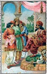 Le Sultan et ses fils. Histoire du Prince Ahmed et de la fée Paris-Banou. Conte des 1001 nuits. Chromolithographie de la fin du XIXe siècle.