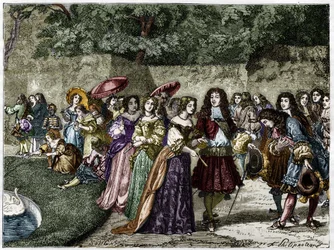 Le Roi Soleil (Louis XIV dans les jardins de Versailles entouré de sa cour). Gravure du 19ème siècle.