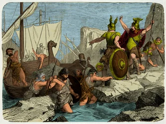 Les Vikings débarquent sur la côte française en 911, Gravure 19e siècle