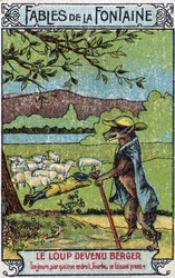 Le Loup devenu Berger - Fables de Jean de La Fontaine (1621-95) - Chromolithographie de la fin du 19e siècle Collection privée