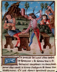 Les mauvais effets du jeu, le vol et la lutte. Deux joueurs se menaçant avec leurs armes. Miniature tirée du «Livre des bonnes mœurs» de Jacques Legrand (1360-1415/1418), dédié à Jean, duc de Berry