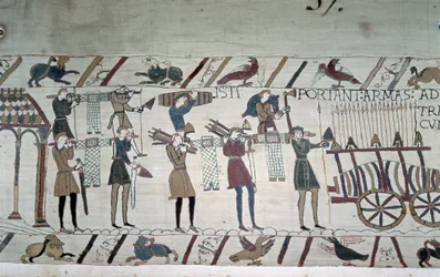 La bataille entre les fantassins anglais (troupes de Harold) et les Normands à cheval (troupes de Guillaume) - Tapisserie de Bayeux, dite Broderie de la reine Mathilde