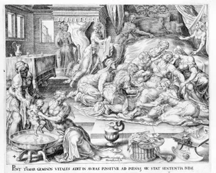 La naissance de Thamar. Gravure du 17ème siècle par Antonio Blocklaus.