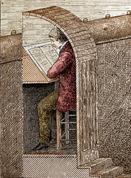 Le souffleur dans son trou. Un souffleur de théâtre aide les comédiens à se souvenir de leur texte lorsqu