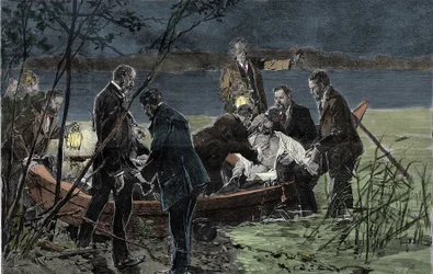 Le corps de Louis II de Bavière Wittelsbach (1845-1886) retrouvé noyé avec le Dr. Gudden dans le lac de Starnberg près du château de Berg en juin 1886. Gravure