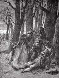 Le corps de Philippe Lebon (1769 - 1804), percé de treize coups de couteau aux Champs-Élysées, est relevé le matin du 3 décembre 1804 - dans « Album de la Science ; savants illustres ; Grandes découvertes » 1896