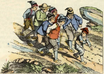 Les frères suivent le Petit Poucet qui a semé des cailloux blancs sur le chemin. Illustration du conte « Le Petit Poucet » de Charles Perrault