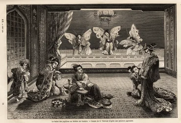 Le ballet des papillons au théâtre Gankiro, dans le quartier des plaisirs de Miyozaki à Yokohama. Gravure pour illustrer le voyage au Japon, par Aimé Humbert, ministre de la Confédération suisse, en 1863-1864, publié dans « le tour du monde », sous la dire