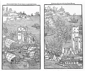 La prise de Rhodes par les Turcs en 1522. Les Turcs attaquent la forteresse de Saint-Nicolas. Xylographie.