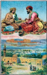 Le tapis des délices. Histoire du prince Ahmed et de la fée Pari-Banou. Conte des mille et une nuits. Chromolithographie de la fin du XIXe siècle.