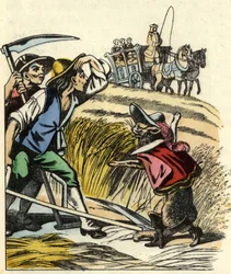 Le chat force les paysans à dire que le champ où ils moissonnent le blé appartient au Marquis de Carabas. Illustration du conte « Le Chat botté » de Charles Perrault
