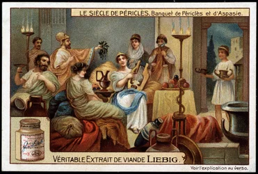 Le siècle de Périclès (495-429 av. J.-C.) : banquet de Périclès et Aspasie (470-400 av. J.-C.) - Chromolithographie Liebig