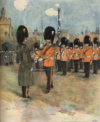 Le changement de garde au palais de Buckingham à Londres en 1893. Illustration de M.C. Morel. Collection Bianchetti.
