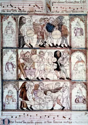 La fête du charivari pour le mariage de Fauvel. Procession de musiciens et de travestis. Miniature du manuscrit "Le roman de Fauvel" de Gervais du Bus