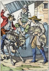 Les enfants du meunier, qui vient de mourir, se partagent ses biens : âne, moulin et chat. Illustration du conte "Le chat botté" de Charles Perrault.
