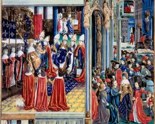 Le couronnement du saint roi Louis (Louis IX) (1214-1270) le 29/11/1226 dans la cathédrale de Reims. Miniature tirée d