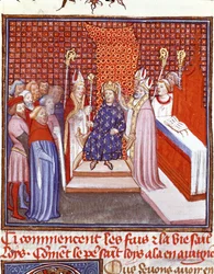Le couronnement de Saint Louis (1214-1270) en 1226. Miniature des « Grandes Chroniques de France » de Jean Froissart (1337-1400), XIVe siècle. Chantilly, musée Condé