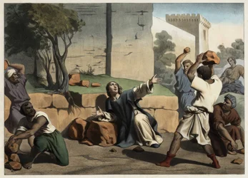 La mort de saint Étienne : saint Étienne, lapidé par les Juifs, est considéré comme le premier martyr chrétien. Gravure anonyme du milieu du XIXe siècle.