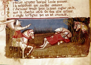 La mort du chevalier Roland, neveu de Charlemagne, lors de la bataille de Roncevaux, 778. Miniature de l