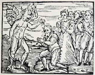 Le diable baptisant des hommes et des femmes en prière - gravure