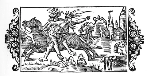 Le diable portant une sorcière - dans "Historia de Gentibus Septentrionalibus" par Olaus Magnus, Rome 1555