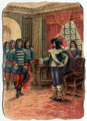 La discorde entre les trois Mousquetaires et la garde du cardinal Jules Mazarin (Giulio Raimondo Mazzarino ou Mazarino) (1602-1661). Chromolithographie du 19ème siècle.