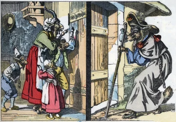 Le loup déguisé frappe à la porte de la maison avec la chèvre et les biquets. Illustration du conte « Compère le Loup, Maître Renard, Commère la Chèvre et ses petits biquets » d