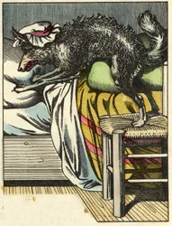 Le loup déguisé prend la place de la grand-mère dans le lit. Illustration du conte "Le Petit Chaperon Rouge" de Charles Perrault