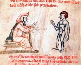 Le médecin brûle le patient sur des zones douloureuses avec des fers chauds Miniature du manuscrit "De Medicina cauteriorum secundum Brunum, Rugerium et Rolthe" XIIIe siècle Paris, B.N.
