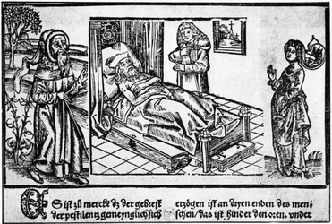 Le médecin au chevet du pestiféré, gravure sur bois du « Liber pestilentialis » par Jérôme Brunschwig, Strasbourg