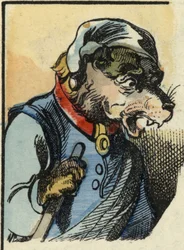 Le chien Médor. Illustration du conte "Bon Médor et la Petite Chevrette". Dans "Contes de la maison pour les petits". Gravure anonyme du XIXe siècle.