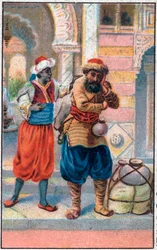 La porte faix. Les merveilleuses aventures de Sinbad le marin. Conte populaire des mille et une nuits. Chromolithographie de la fin du XIXe siècle.
