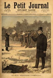 Le duel au pistolet (interdit en France depuis 1626) entre les députés Paul Déroulède (1846-1914) et Georges Clemenceau (1841-1929), sans blessure. Gravure dans « Le petit journal » 7/01/1893. Collection Selva.