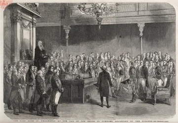 Le duc de Wellington (Arthur Wellesley (1769-1852)) se tient à la barre de la Chambre des communes pour recevoir les félicitations du président sur sa victoire à Vimeiro, guerre péninsulaire