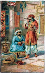 Le tube enchanté. Histoire du prince Ahmed et de la fée Pari-Banou. Conte des 1001 nuits. Chromolithographie de la fin du XIXe siècle.