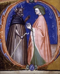 La rencontre avec le démon. Manuscrit du 14ème siècle. Biblioteca comunale di Rimini