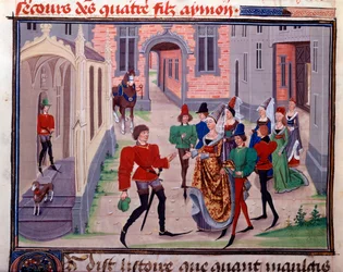 Les fiançailles de Clarisse, fille du roi Yvon de Gascogne et Renaud Miniature du manuscrit « Renaud de Montauban » ou « Les quatre fils Aymon »