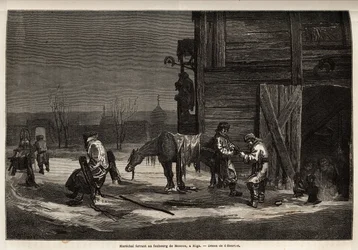 Le maréchal ferrant, dans la banlieue de Moscou. Dessin de Henriet, pour illustrer son voyage dans les provinces baltes russes en 1851-54. Gravure dans « Le tour du monde », édité par Edouard Charton