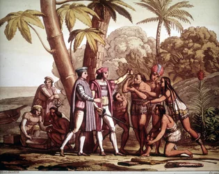 Les premiers Indiens apparus à Christophe Colomb à son arrivée en Amérique, - dans « Le costume ancien et moderne » de Jules Ferrario