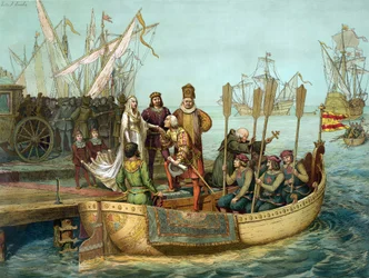 Le premier voyage : Christophe Colomb salue la reine Isabelle de Castille au port de Palos avant le départ en 1492. Gravure, XIXe siècle